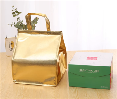 ڈبل لیئر گولڈن کیک انسولیشن بیگ دھاری دار فولڈنگ ٹیک اوے کولر بیگ بہتر انداز کے ساتھ